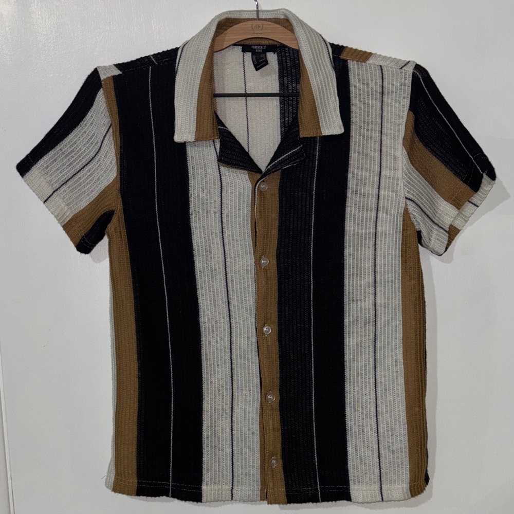 Forever 21 Kids Striped Button-Down Shirt - Black, White, Tan